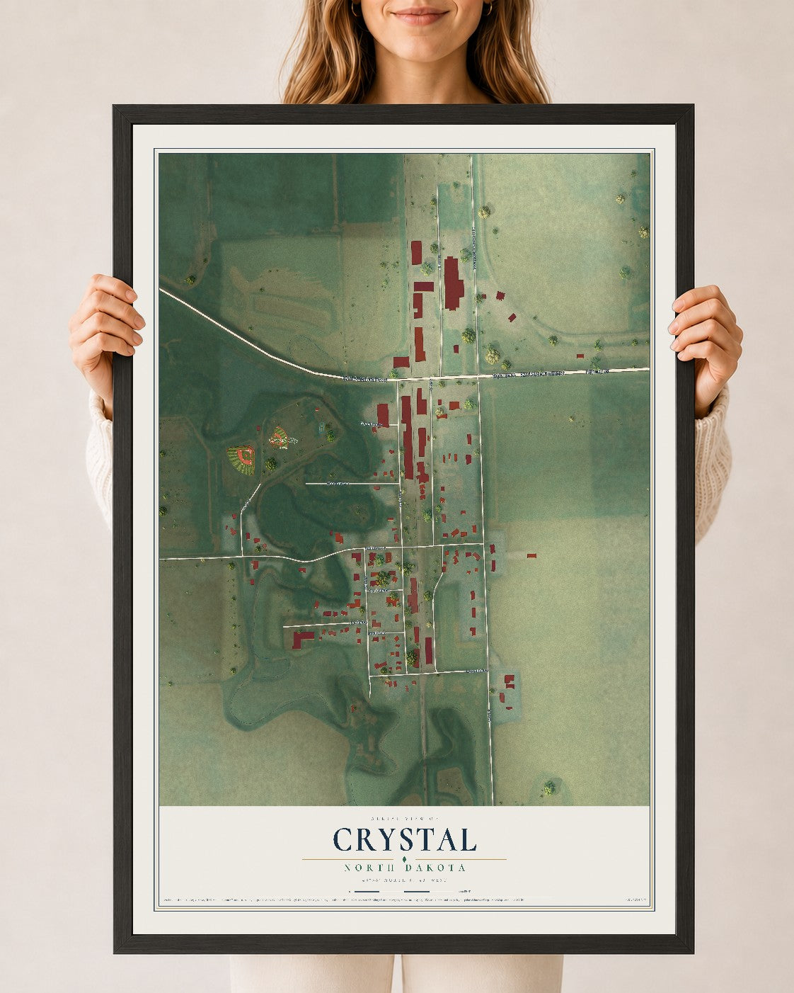 Map of Crystal, North Dakota, 24 x 36 inch print in a black wood frame