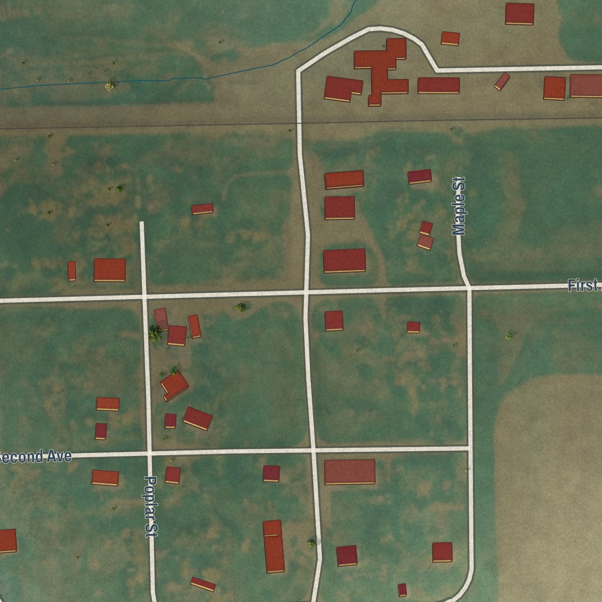 Close-up of the map of Dahlen, North Dakota print showing street and building detail