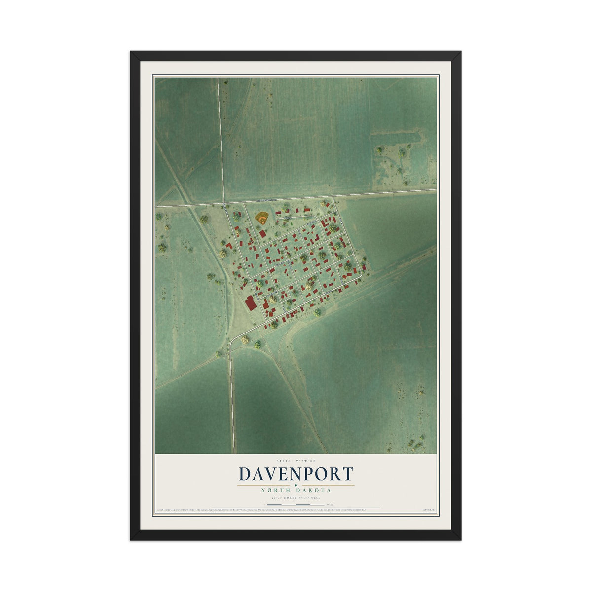 Map of Davenport, North Dakota, 12 x 18 inch print in a black wood frame