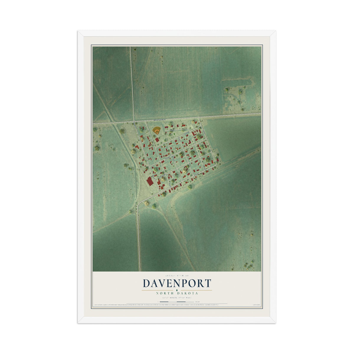 Map of Davenport, North Dakota, 12 x 18 inch print in a white wood frame
