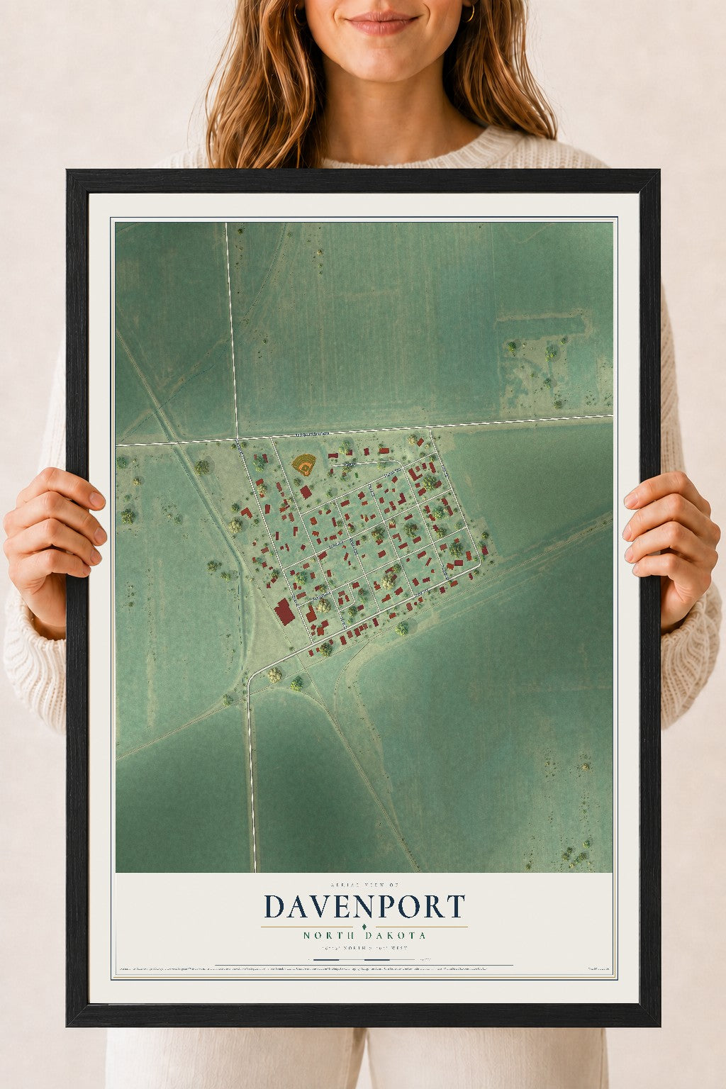 Map of Davenport, North Dakota, 18 x 24 inch print in a black wood frame