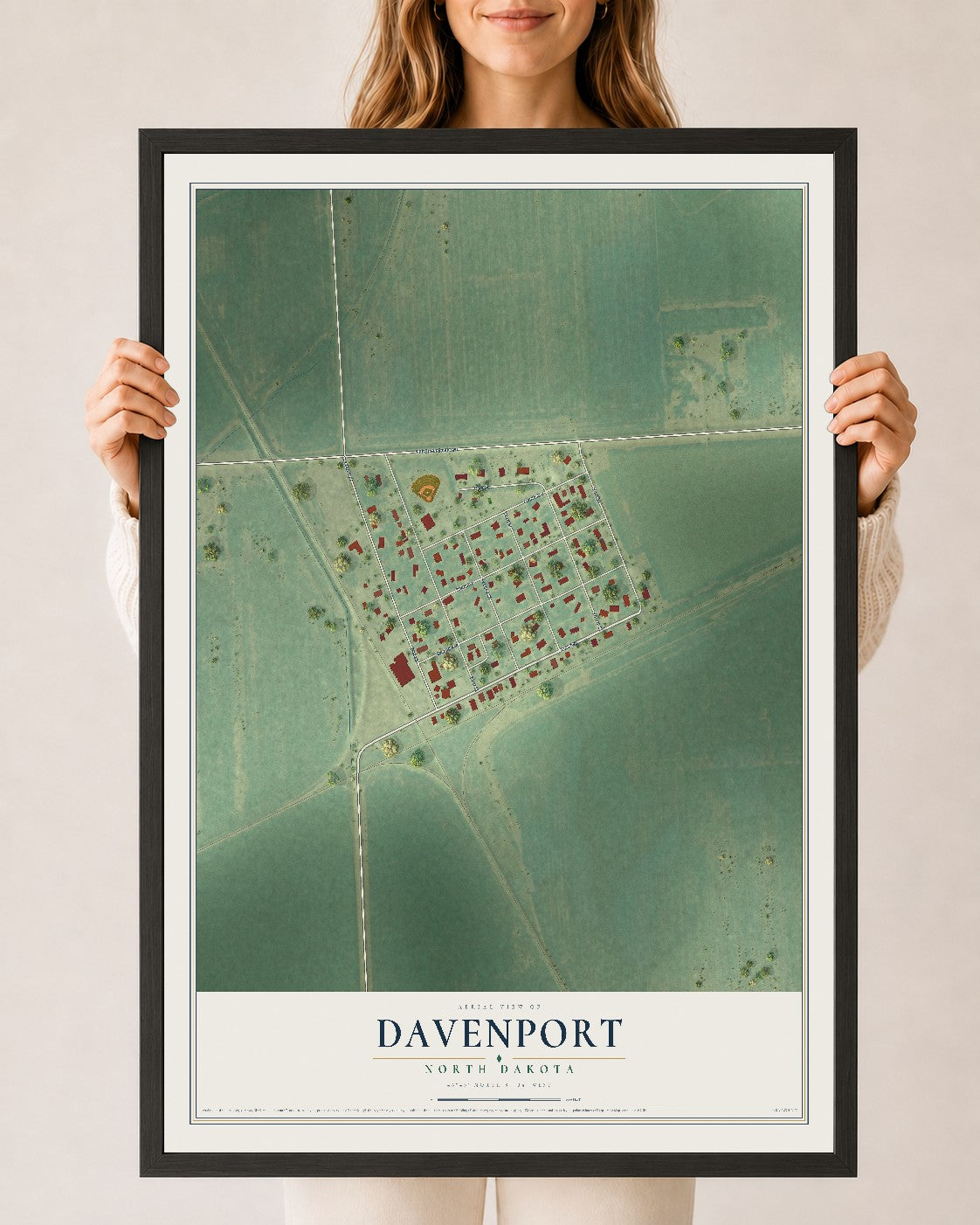 Map of Davenport, North Dakota, 24 x 36 inch print in a black wood frame