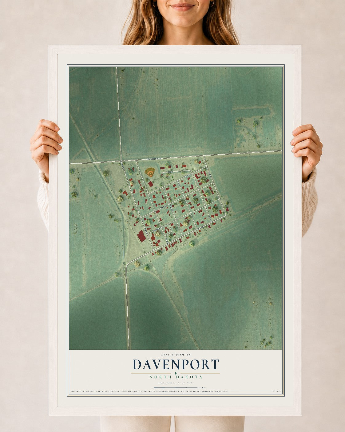 Map of Davenport, North Dakota, 24 x 36 inch print in a white wood frame