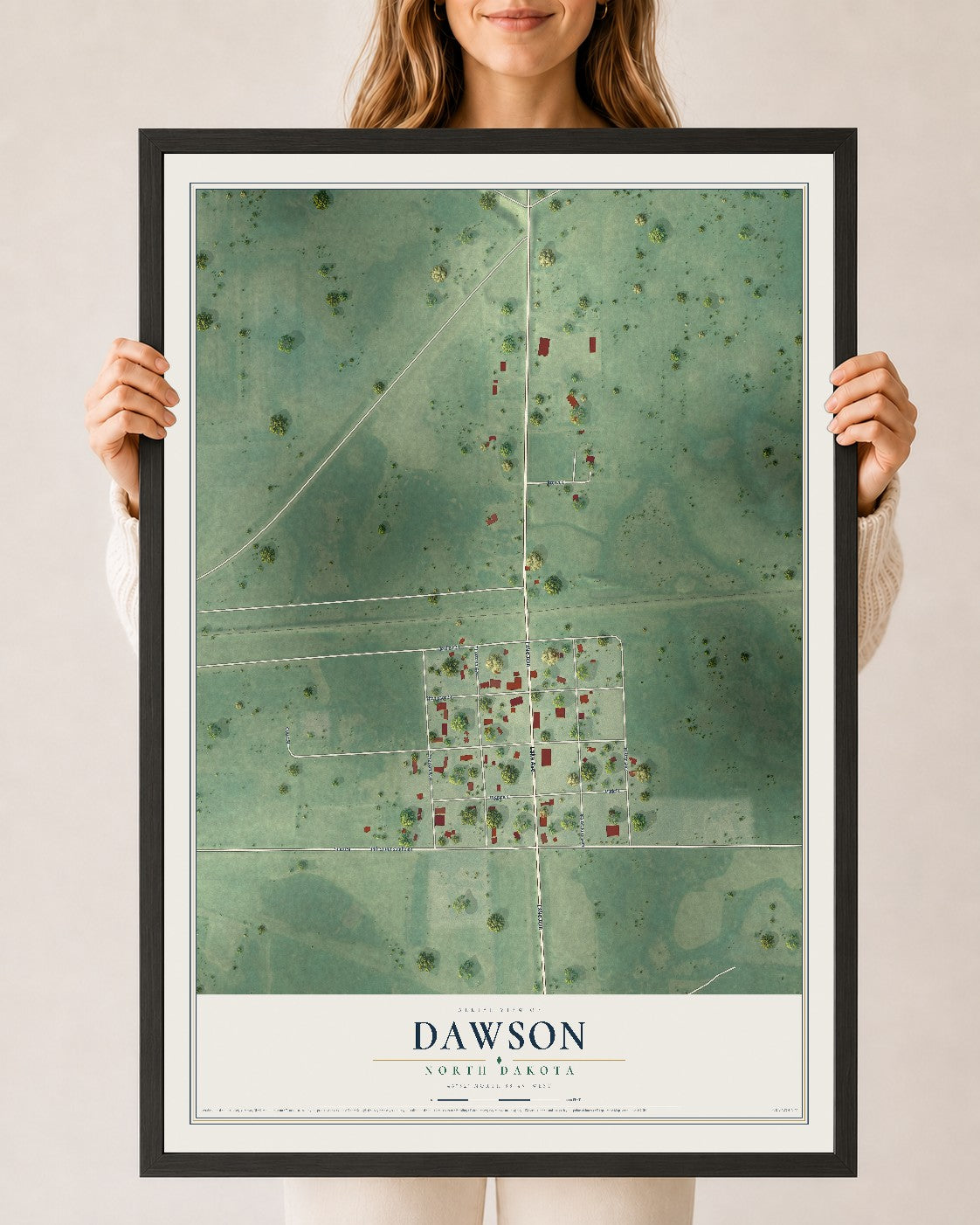 Map of Dawson, North Dakota, 24 x 36 inch print in a black wood frame