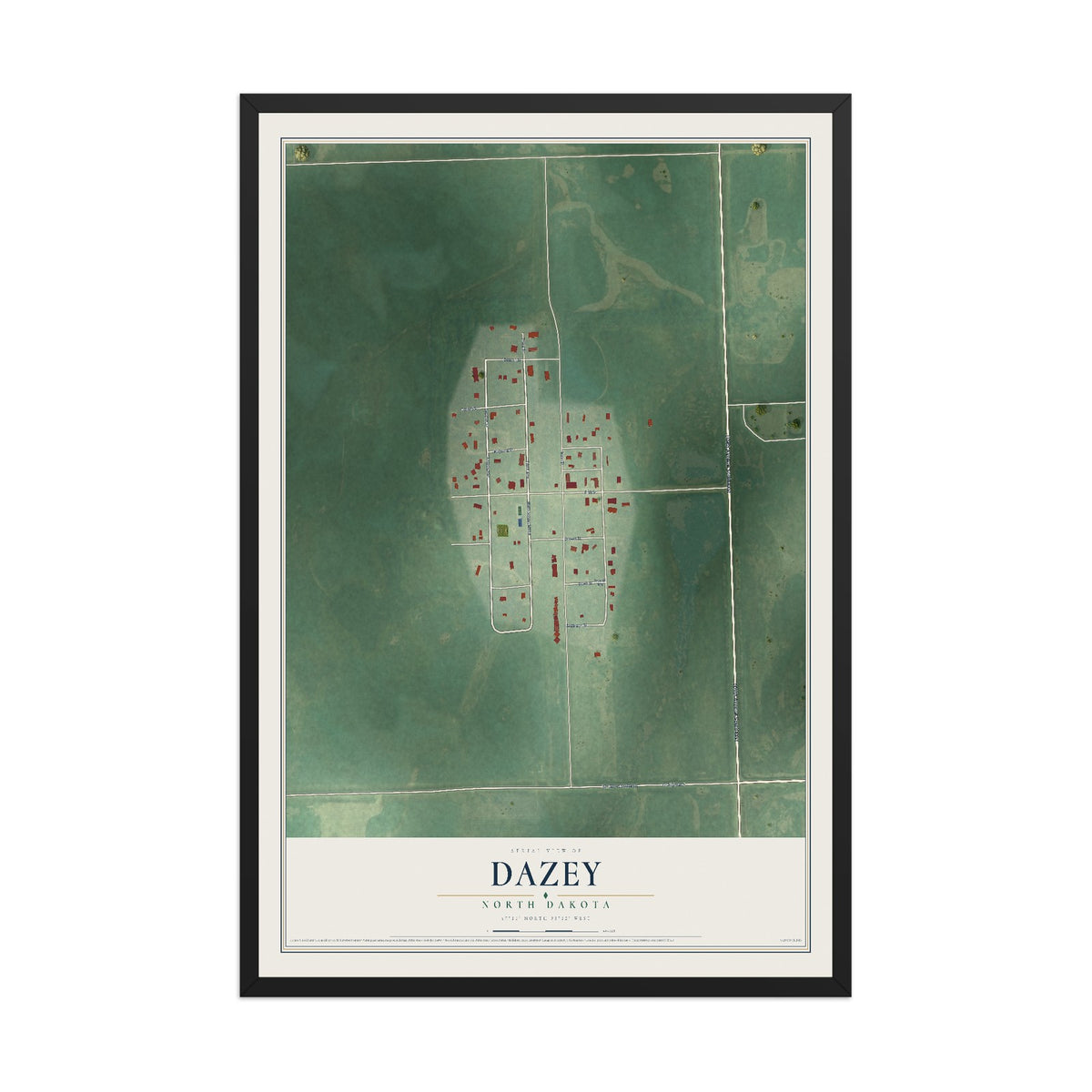 Map of Dazey, North Dakota, 12 x 18 inch print in a black wood frame
