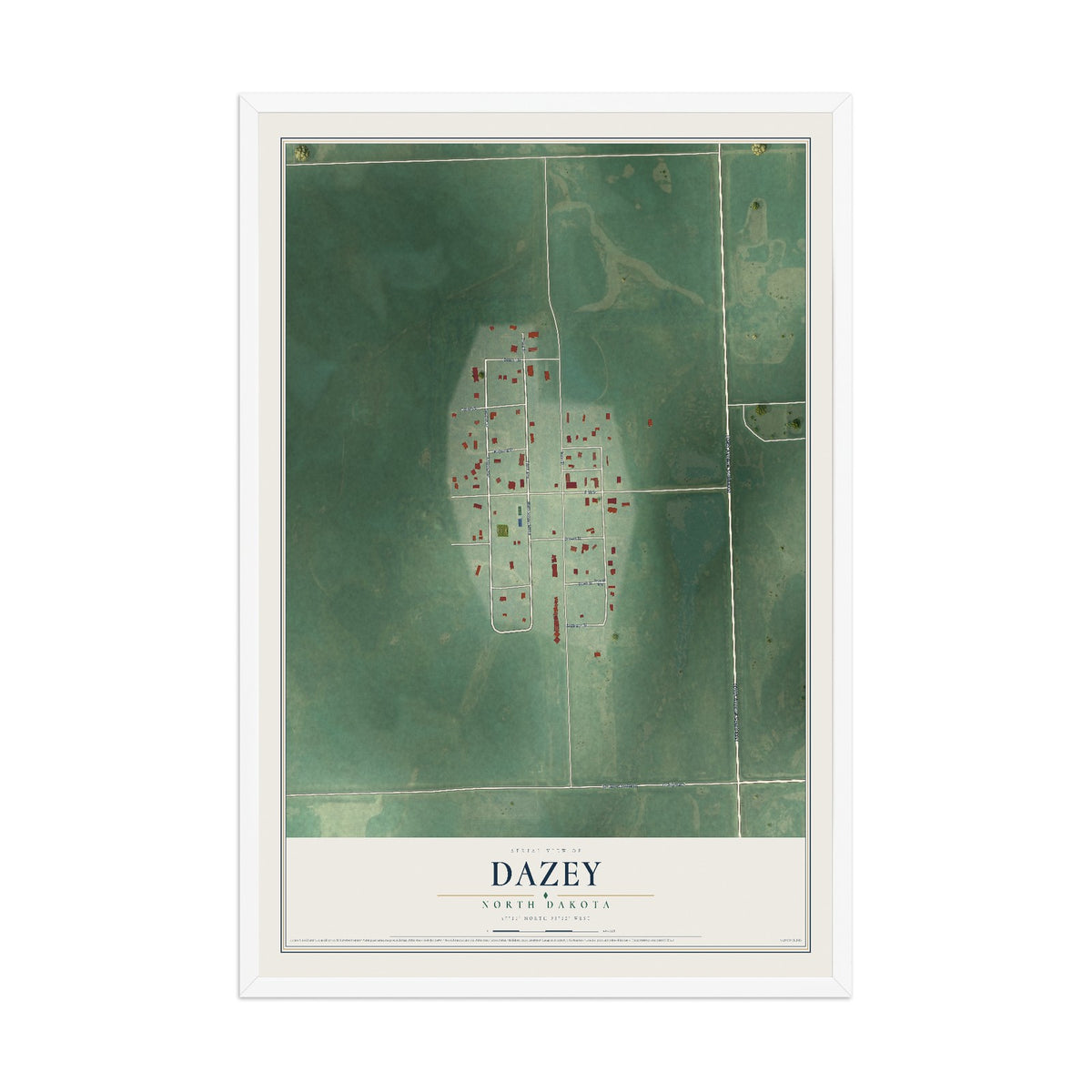 Map of Dazey, North Dakota, 12 x 18 inch print in a white wood frame