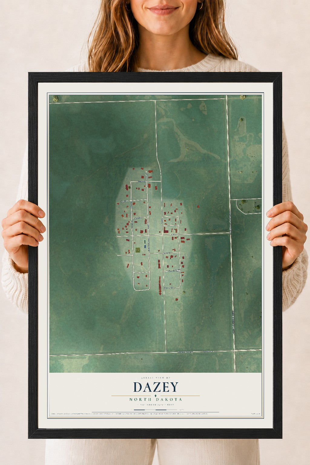 Map of Dazey, North Dakota, 18 x 24 inch print in a black wood frame