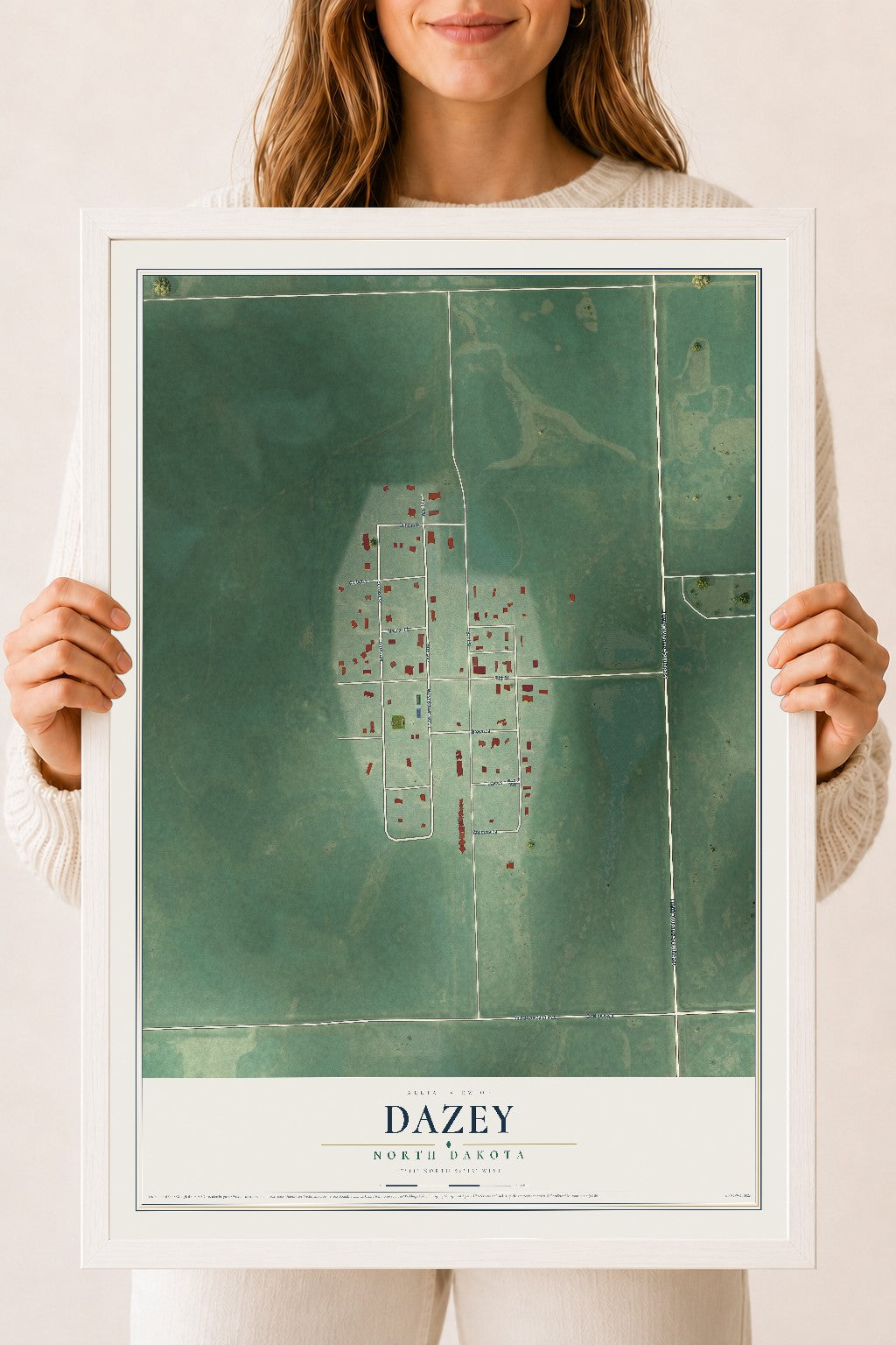 Map of Dazey, North Dakota, 18 x 24 inch print in a white wood frame