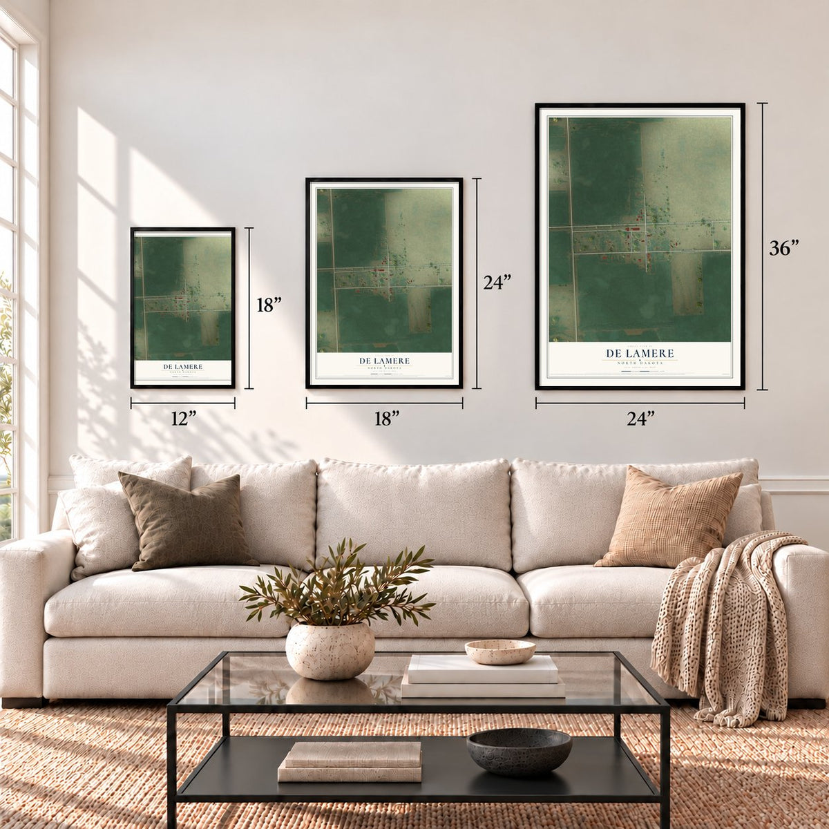 De Lamere, North Dakota map in 12 x 18, 18 x 24 and 24 x 36 inch sizes above a sofa