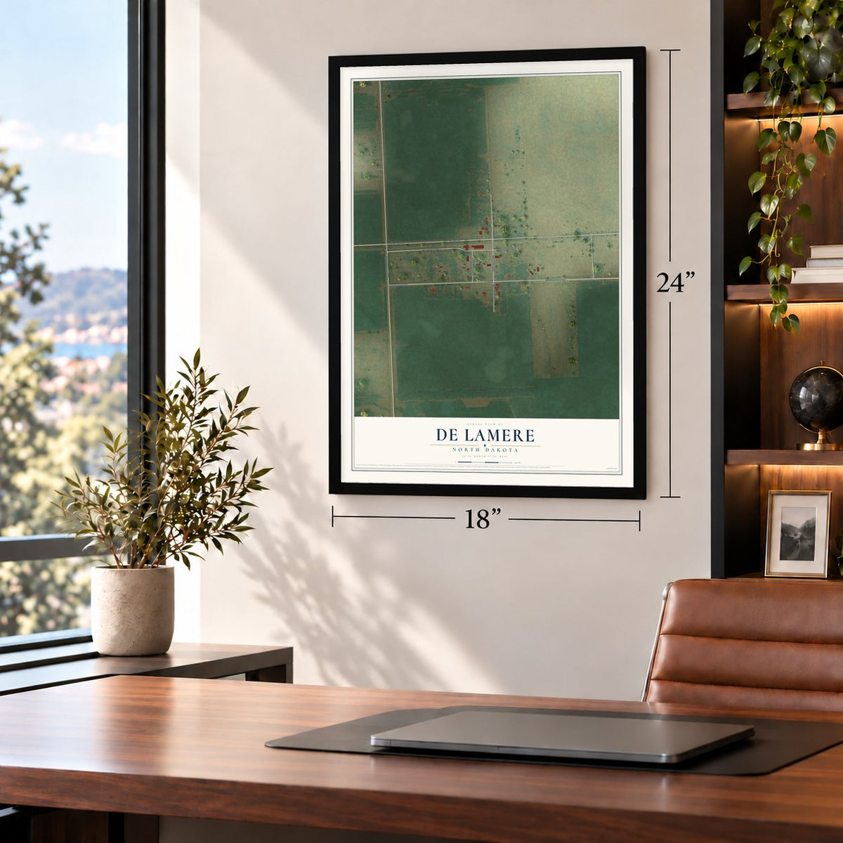 De Lamere, North Dakota map, 18 x 24 inch print in a black frame in a home office