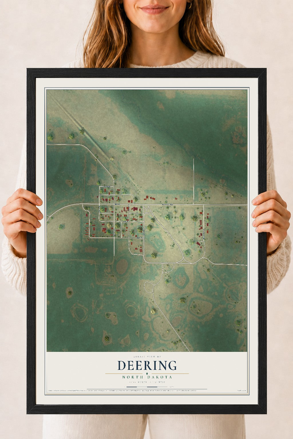 Map of Deering, North Dakota, 18 x 24 inch print in a black wood frame