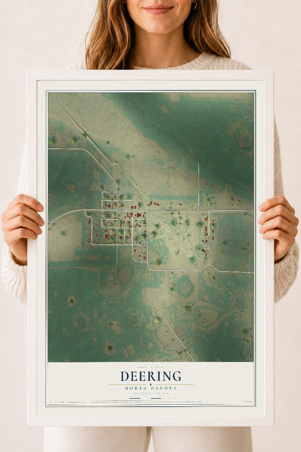 Map of Deering, North Dakota, 18 x 24 inch print in a white wood frame