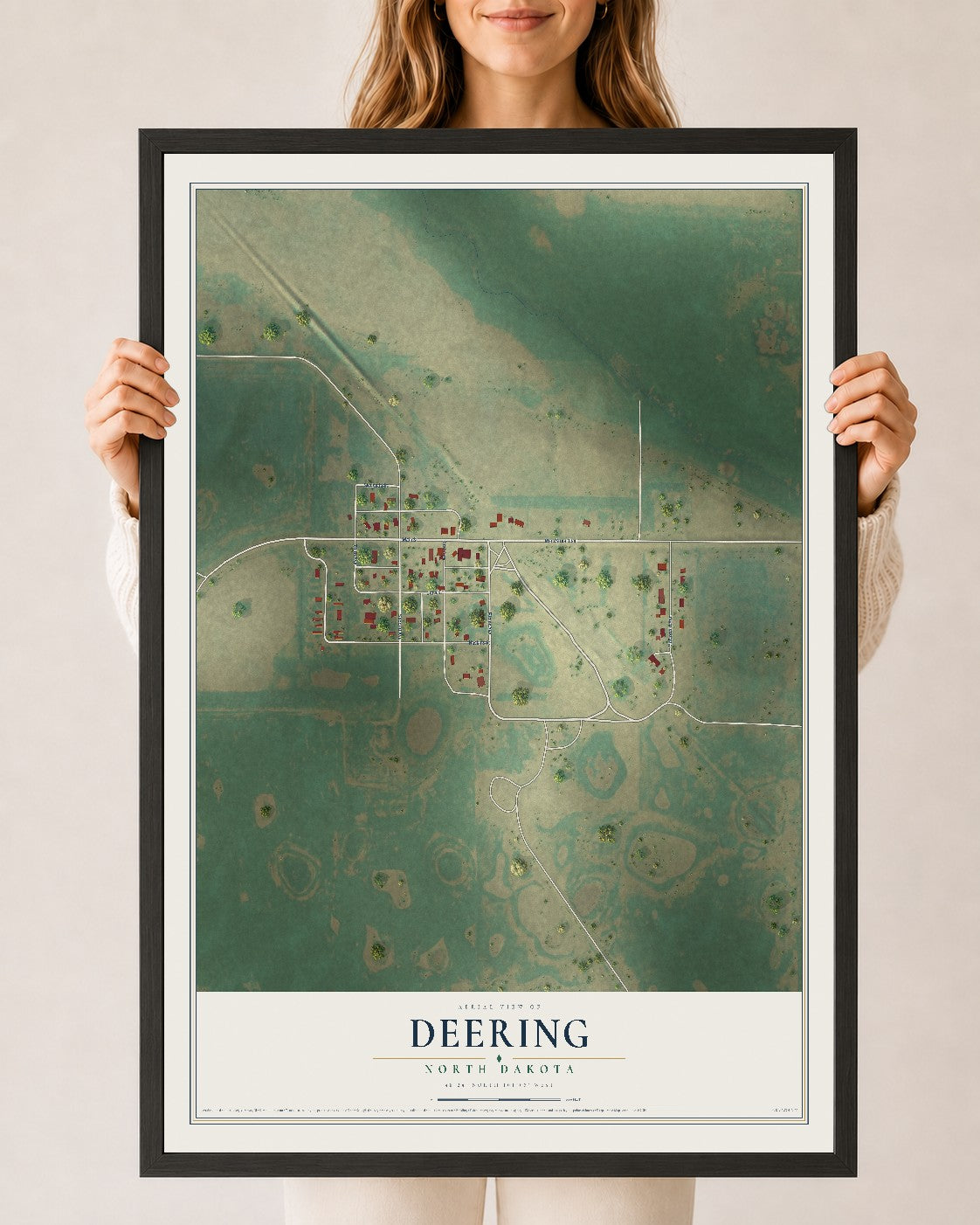 Map of Deering, North Dakota, 24 x 36 inch print in a black wood frame