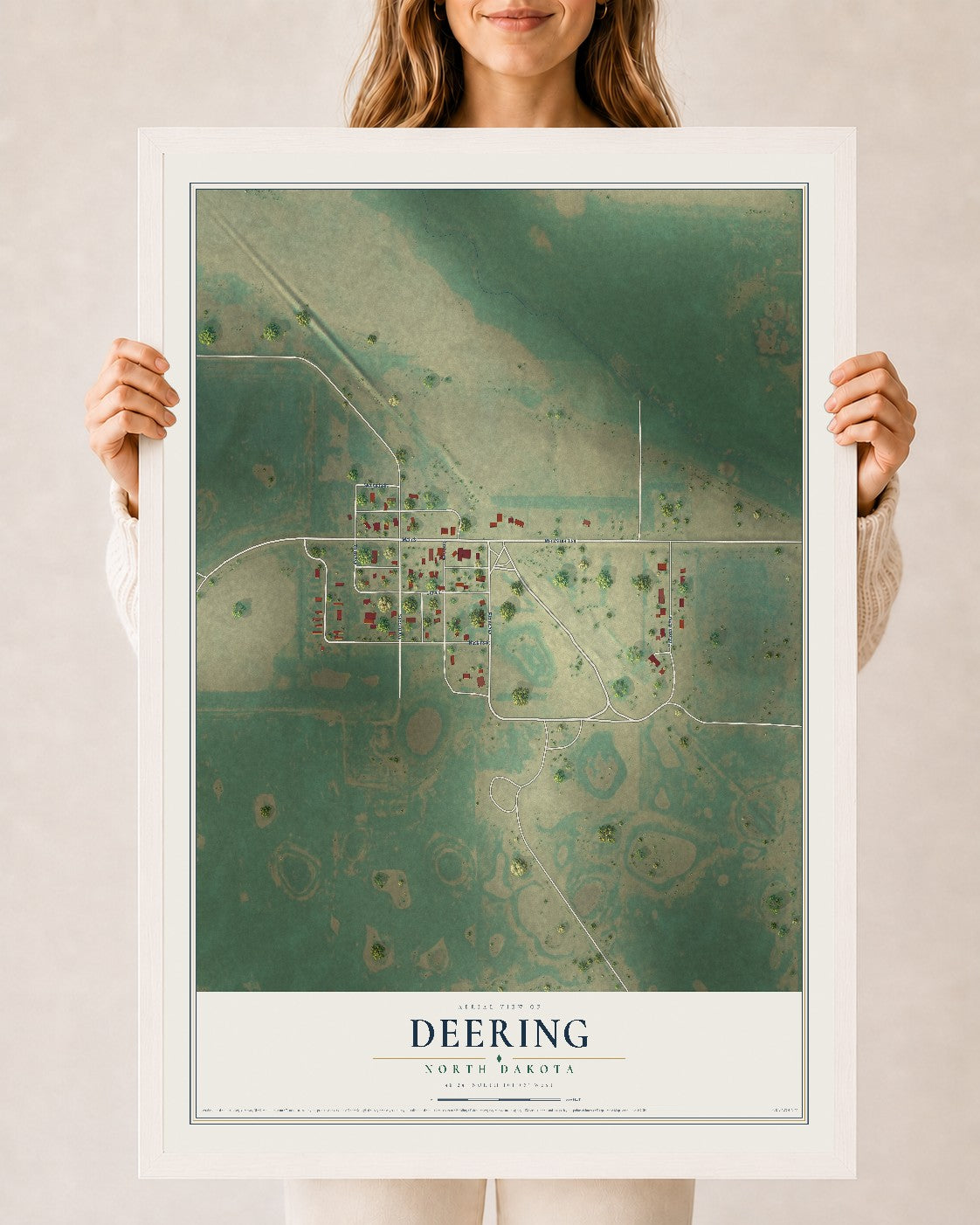 Map of Deering, North Dakota, 24 x 36 inch print in a white wood frame