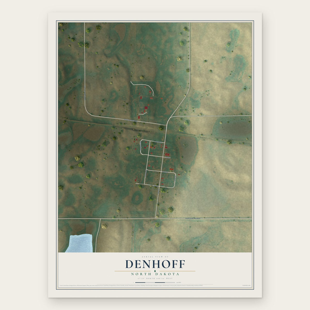 Denhoff, North Dakota map print, the full design