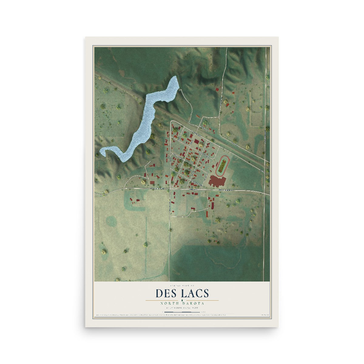 Map of Des Lacs, North Dakota, 12 x 18 inch unframed archival matte print