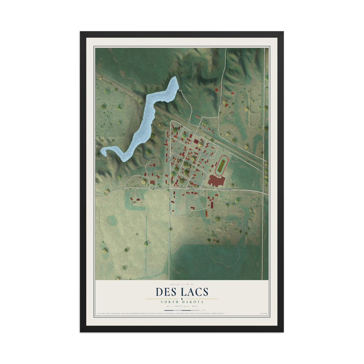 Map of Des Lacs, North Dakota, 12 x 18 inch print in a black wood frame