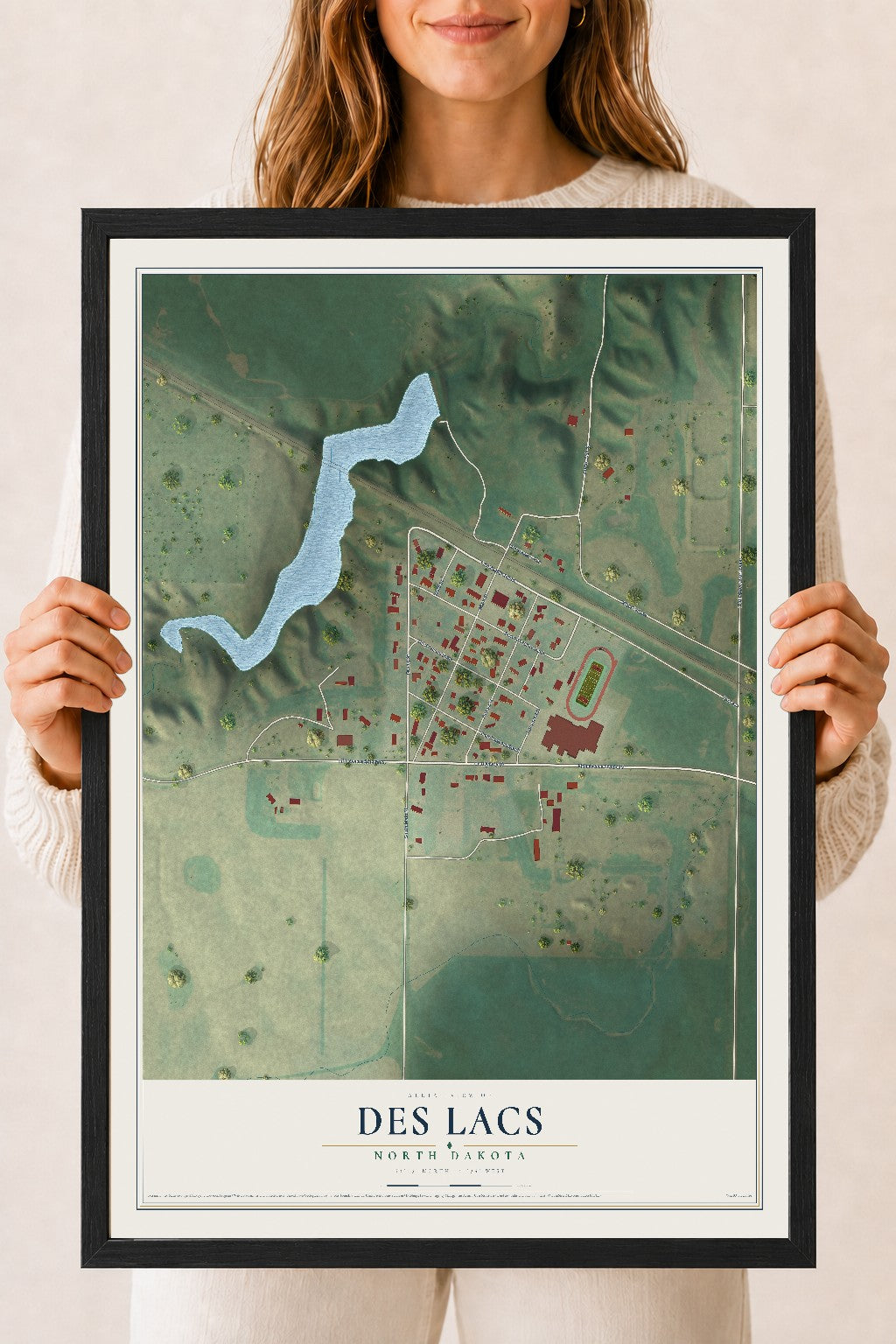 Map of Des Lacs, North Dakota, 18 x 24 inch print in a black wood frame