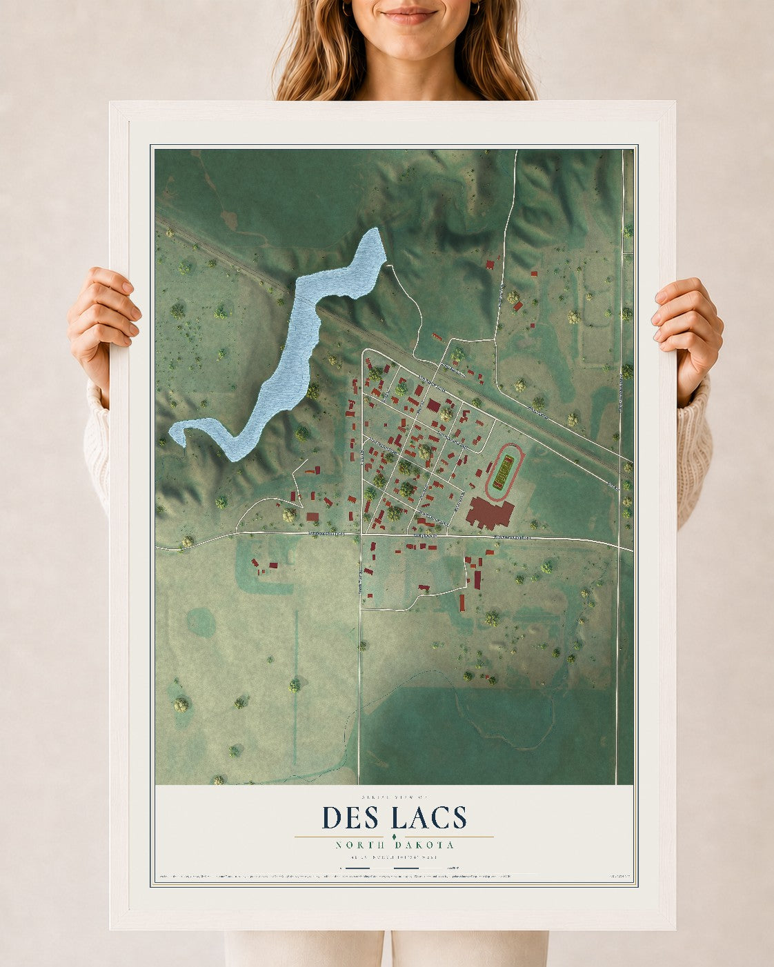 Map of Des Lacs, North Dakota, 24 x 36 inch print in a white wood frame