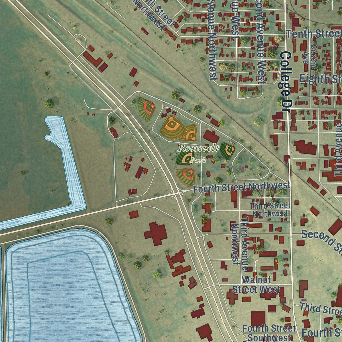 Second close-up of the map of Devils Lake, North Dakota print showing more streets and buildings