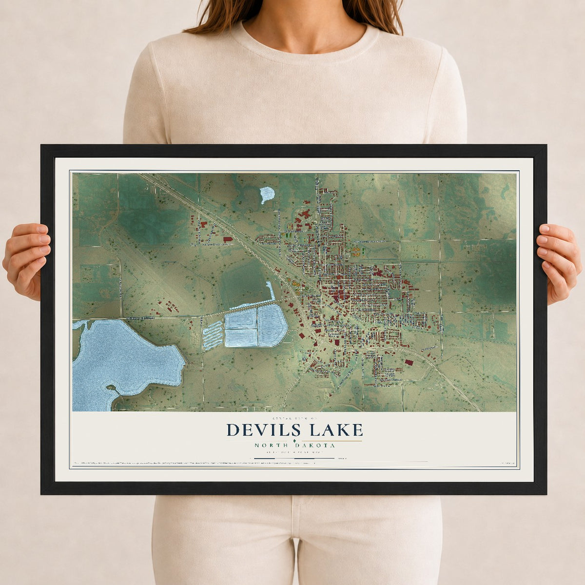 Map of Devils Lake, North Dakota, 12 x 18 inch print in a black wood frame