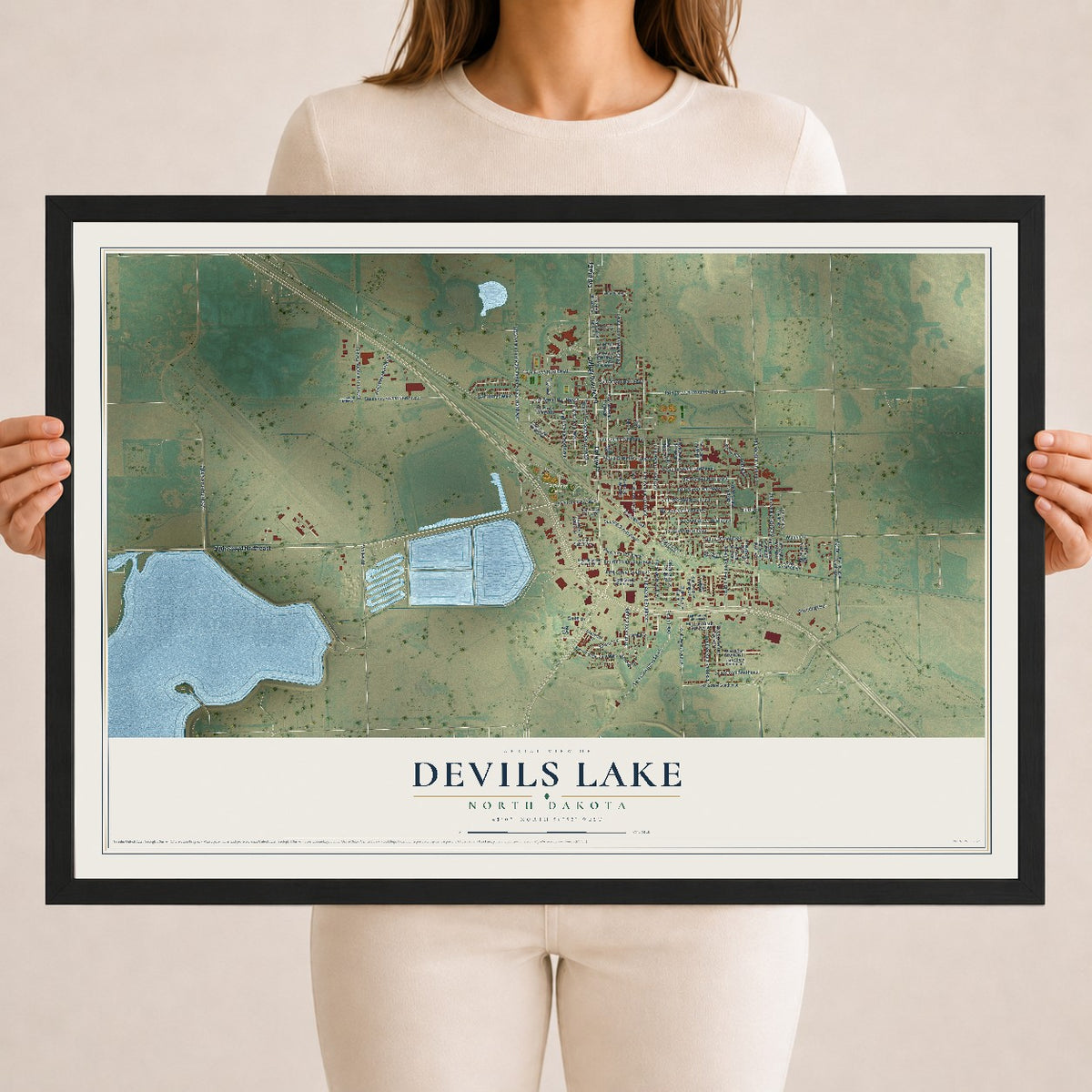 Map of Devils Lake, North Dakota, 18 x 24 inch print in a black wood frame