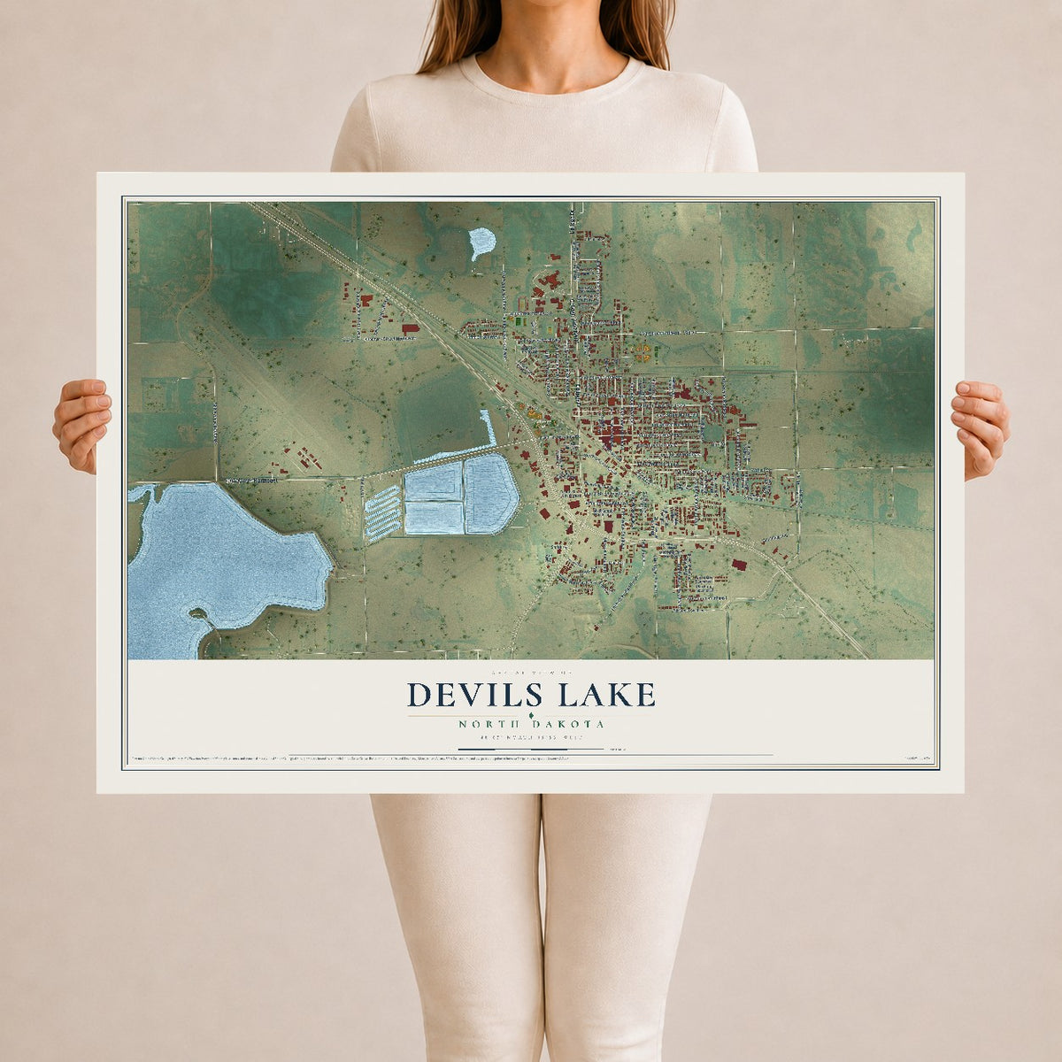 Map of Devils Lake, North Dakota, 24 x 36 inch unframed archival matte print