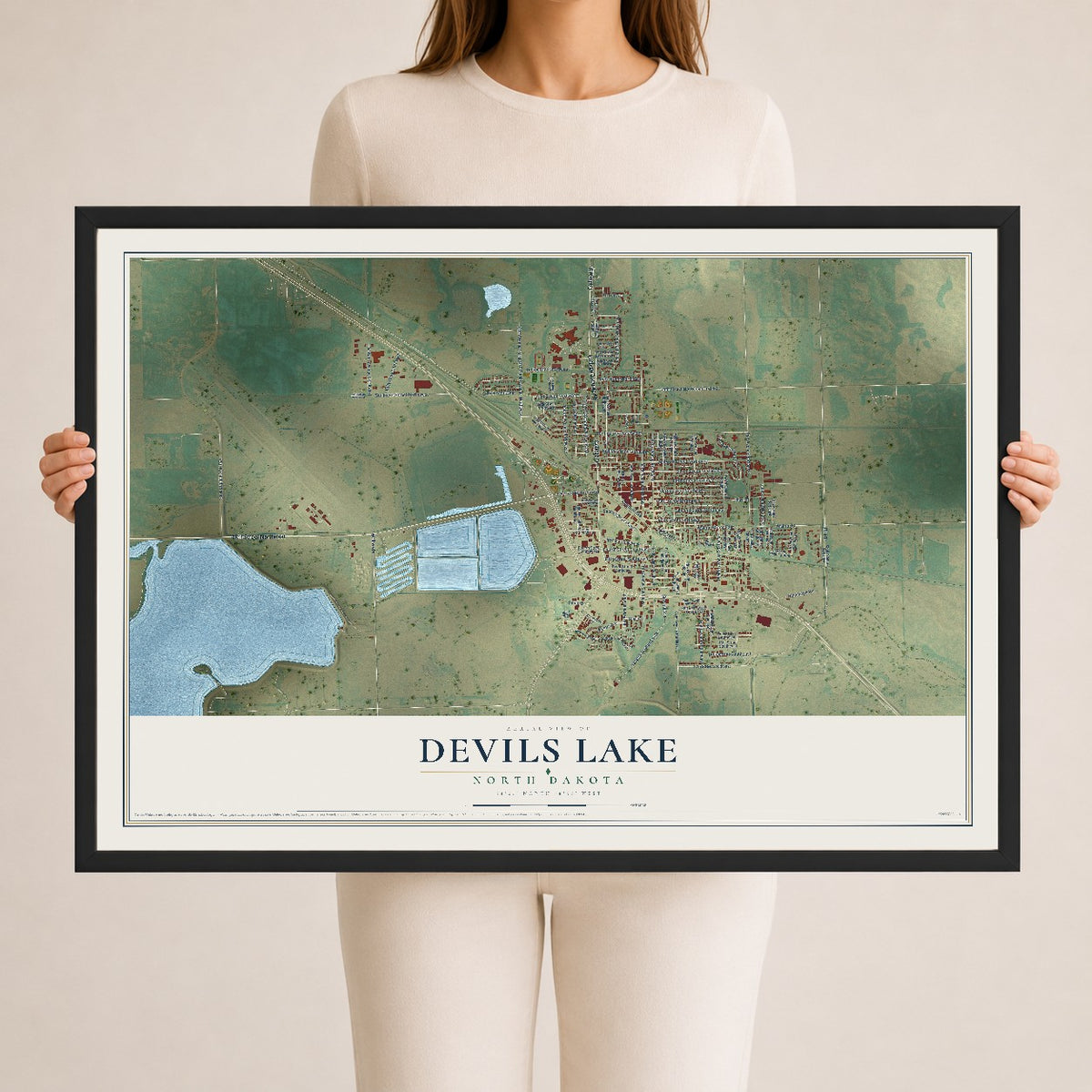 Map of Devils Lake, North Dakota, 24 x 36 inch print in a black wood frame