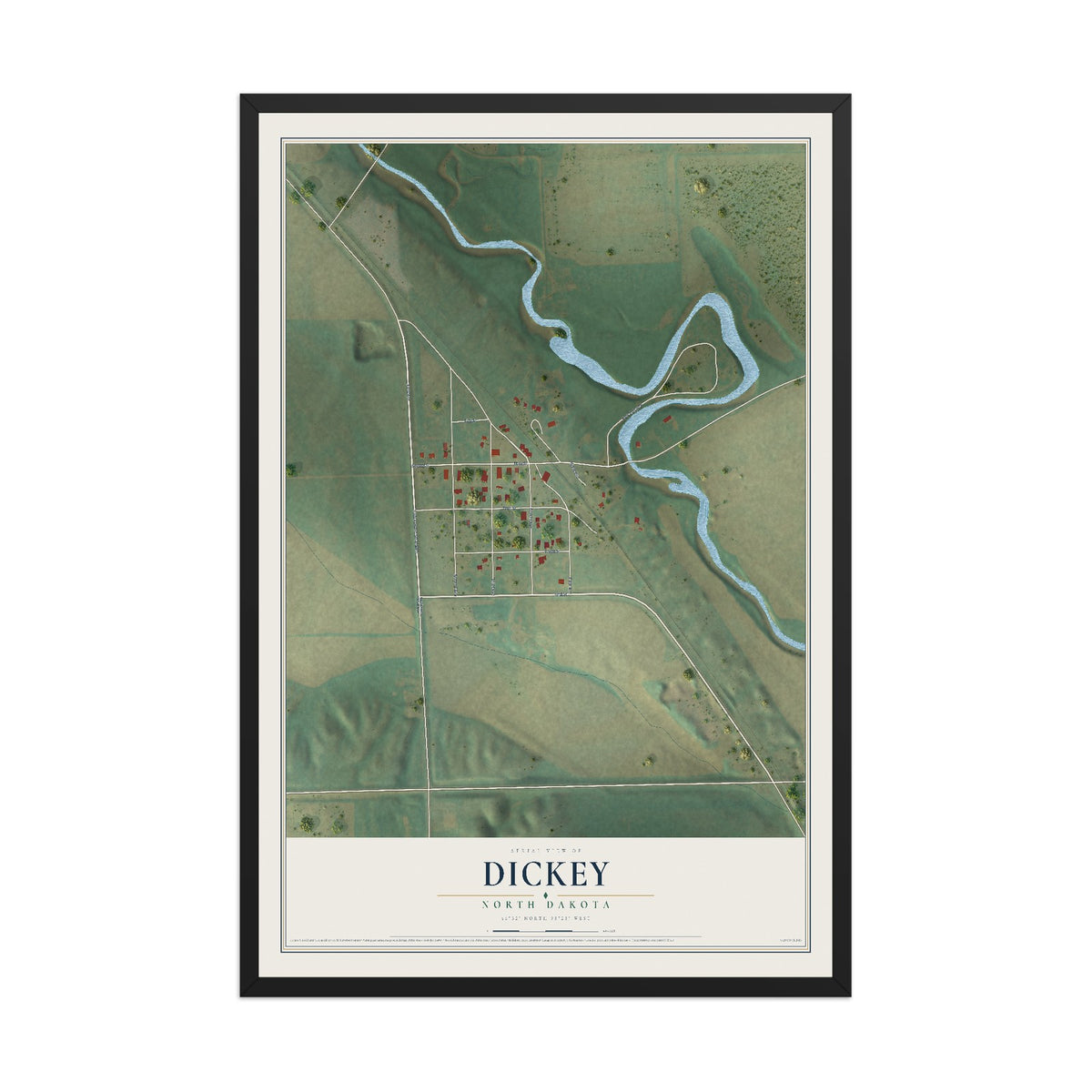 Map of Dickey, North Dakota, 12 x 18 inch print in a black wood frame