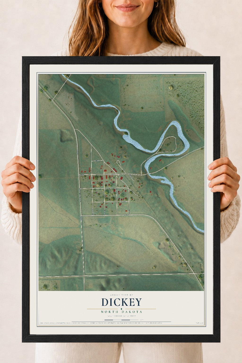 Map of Dickey, North Dakota, 18 x 24 inch print in a black wood frame