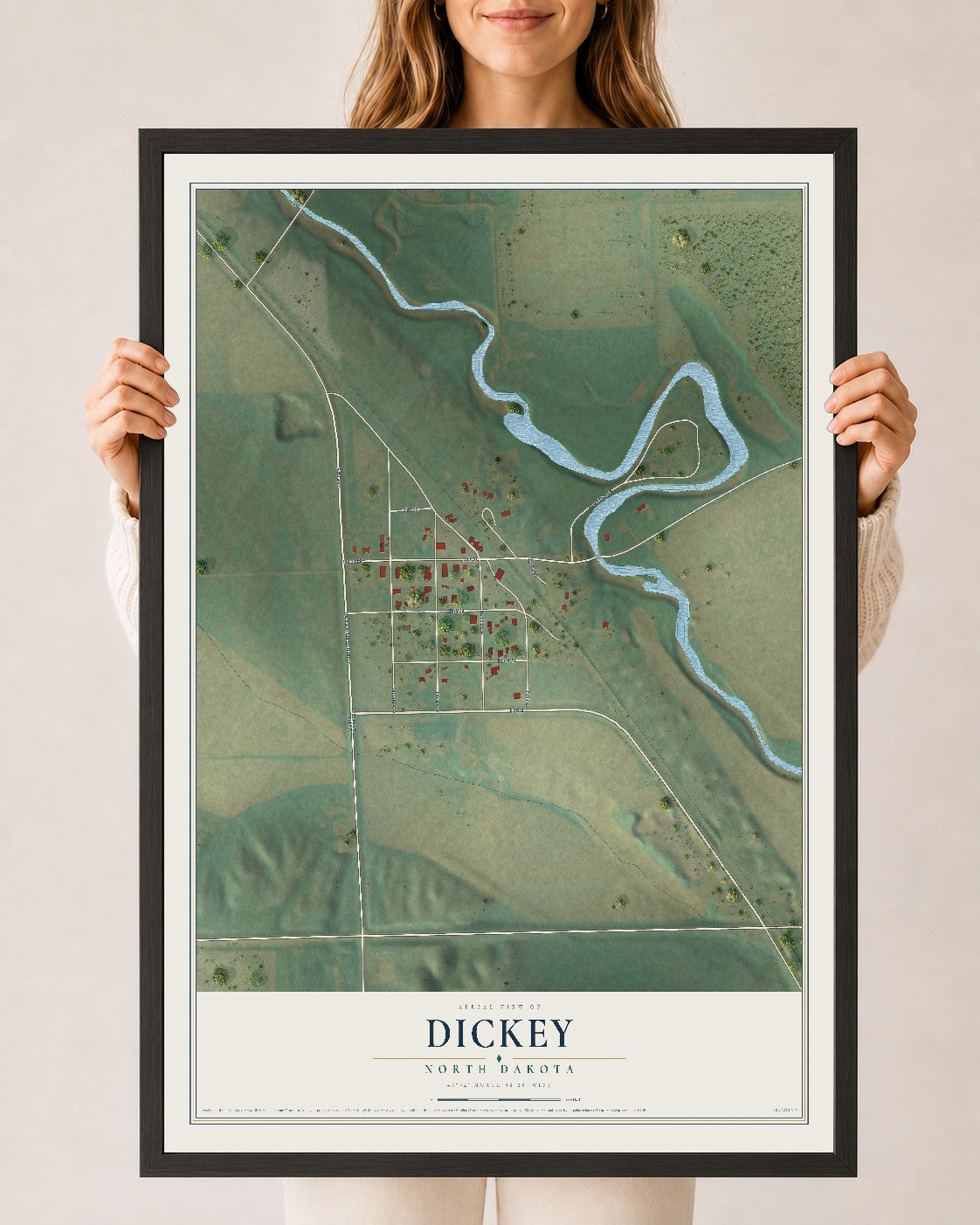 Map of Dickey, North Dakota, 24 x 36 inch print in a black wood frame