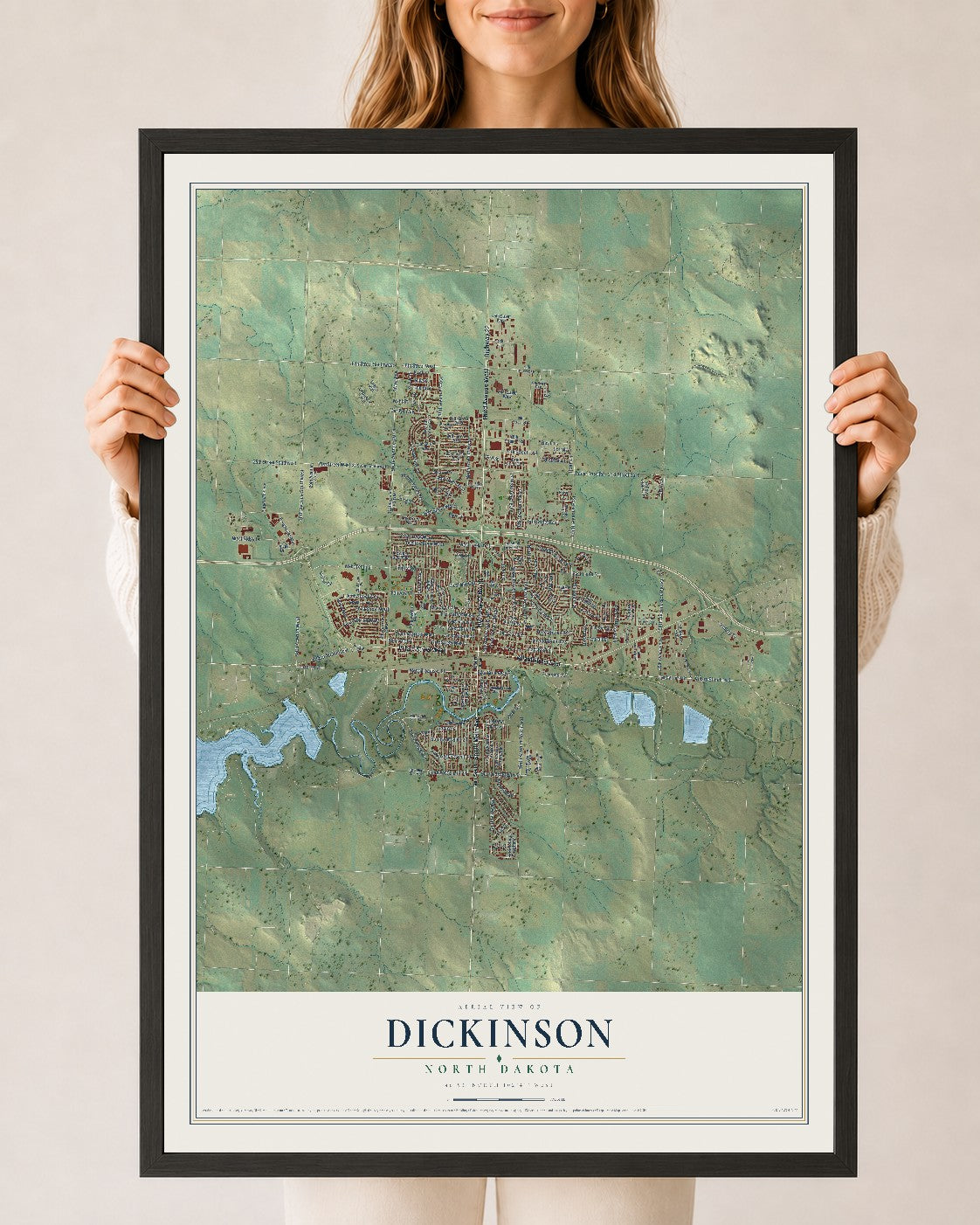 Map of Dickinson, North Dakota, 24 x 36 inch print in a black wood frame
