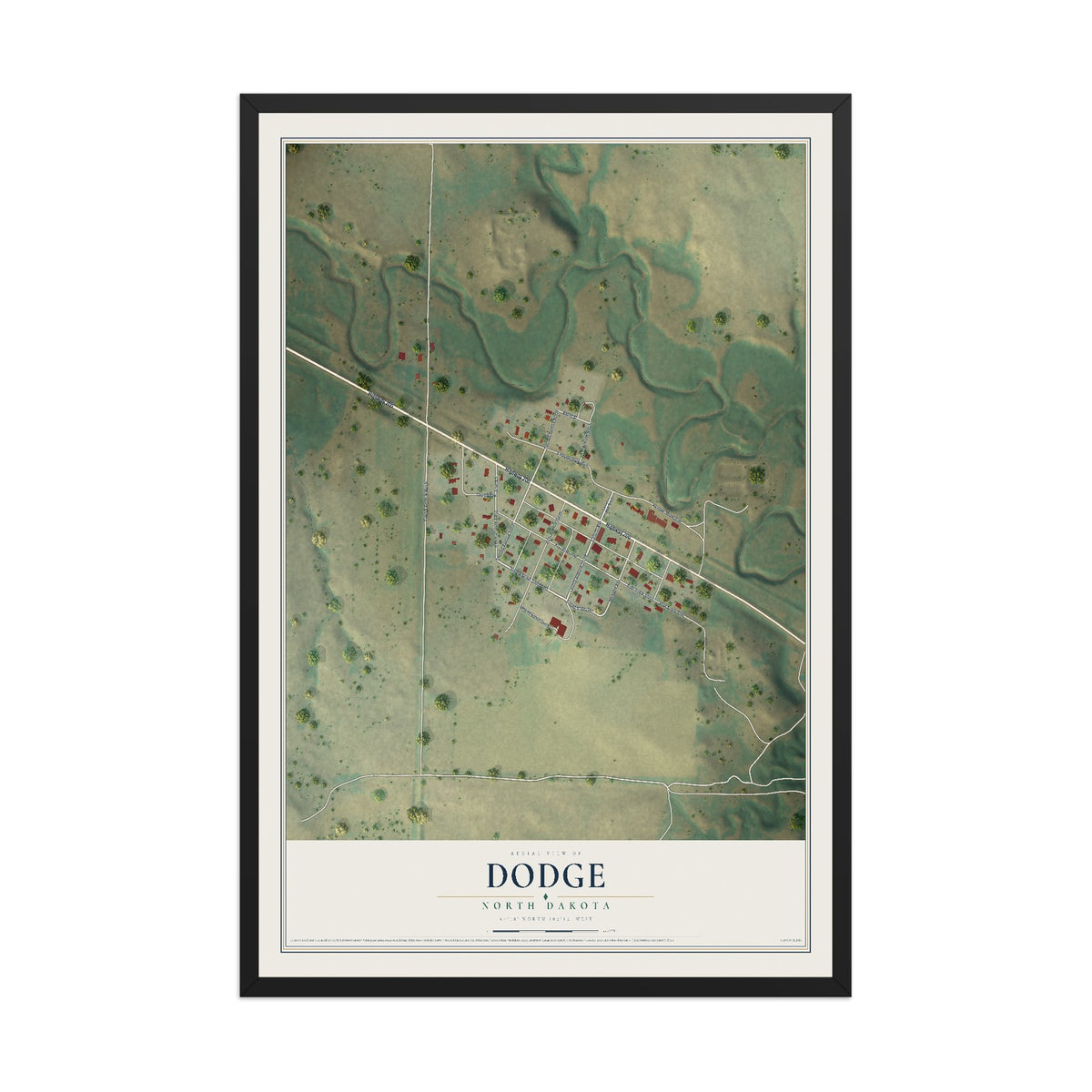 Map of Dodge, North Dakota, 12 x 18 inch print in a black wood frame