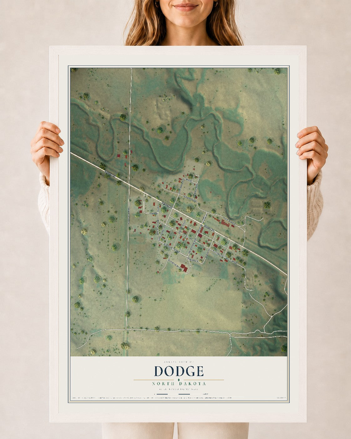 Map of Dodge, North Dakota, 24 x 36 inch print in a white wood frame