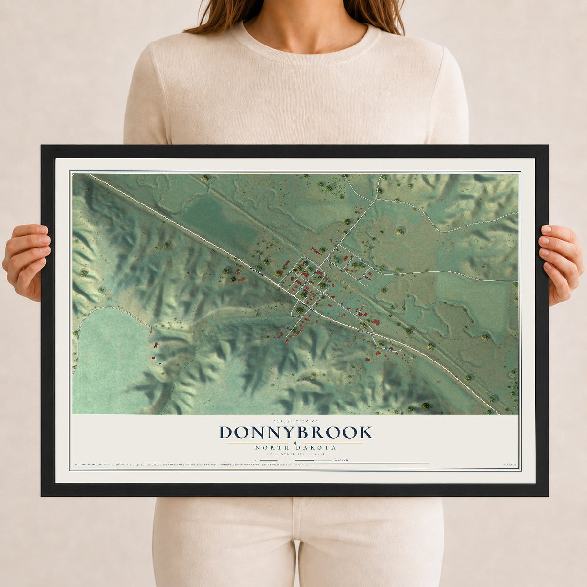 Map of Donnybrook, North Dakota, 12 x 18 inch print in a black wood frame