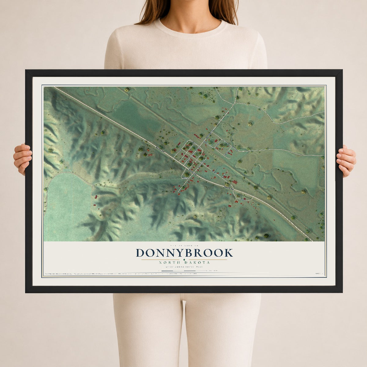 Map of Donnybrook, North Dakota, 24 x 36 inch print in a black wood frame