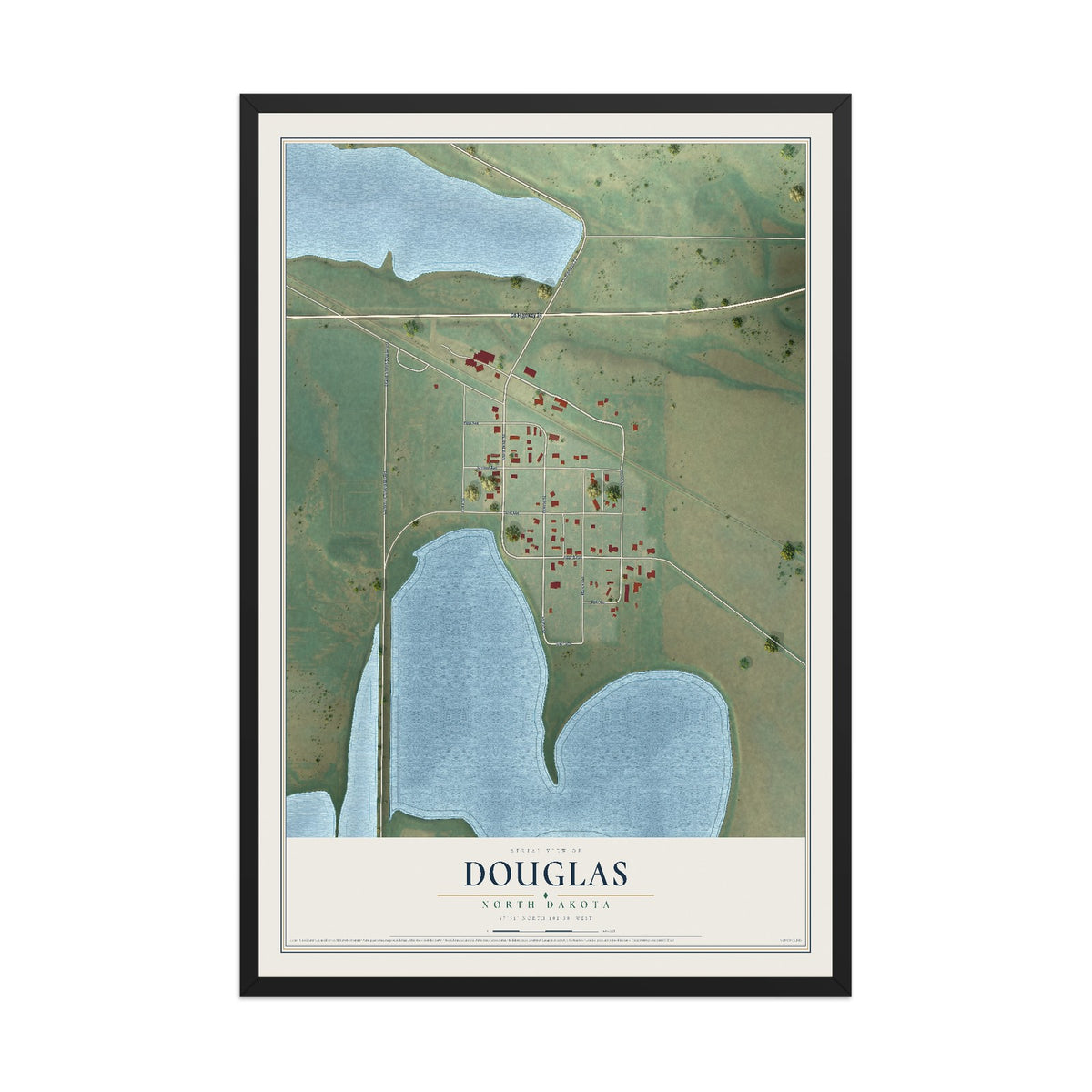 Map of Douglas, North Dakota, 12 x 18 inch print in a black wood frame