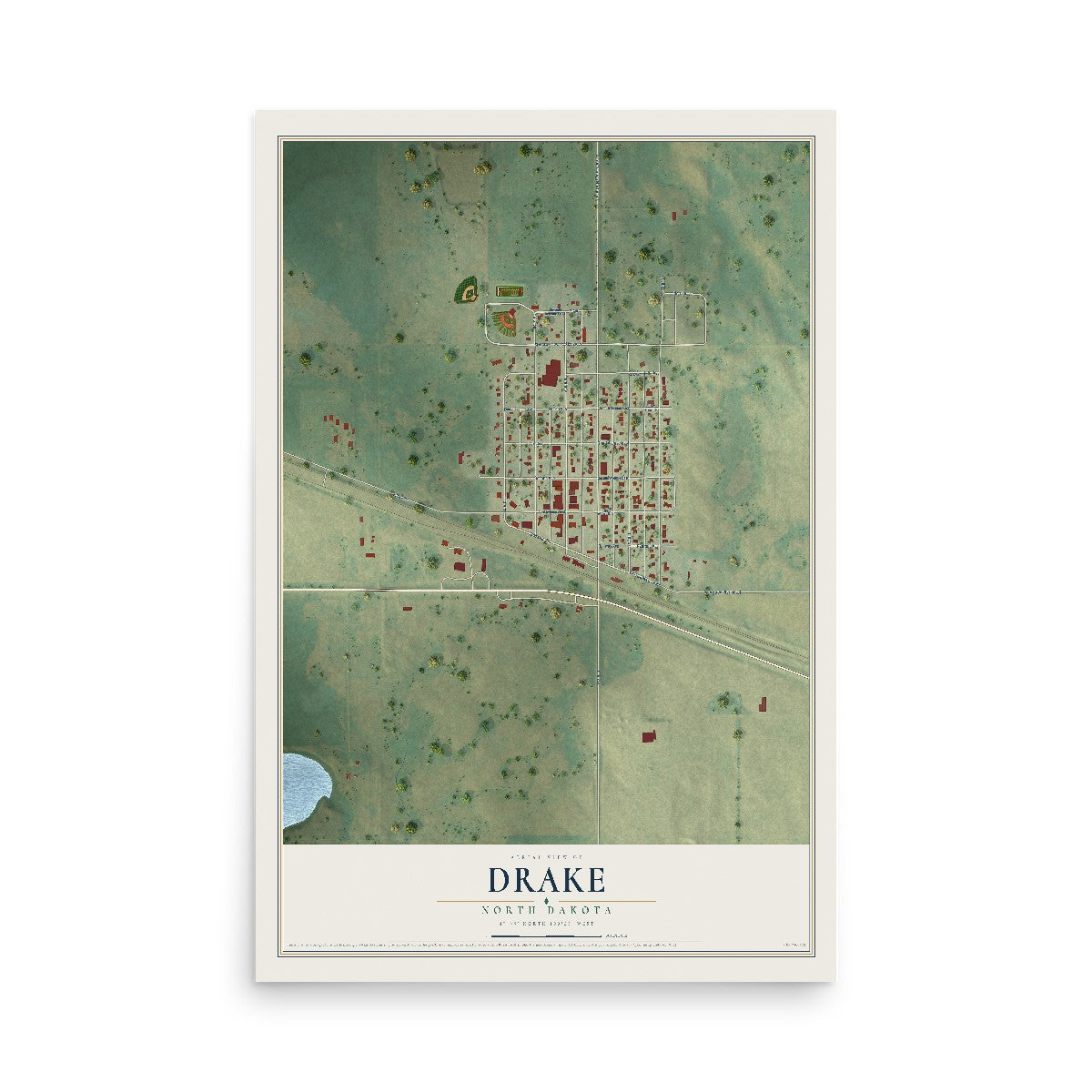 Map of Drake, North Dakota, 12 x 18 inch unframed archival matte print