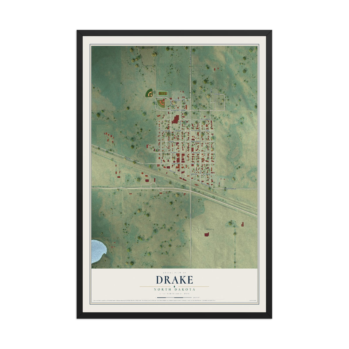 Map of Drake, North Dakota, 12 x 18 inch print in a black wood frame