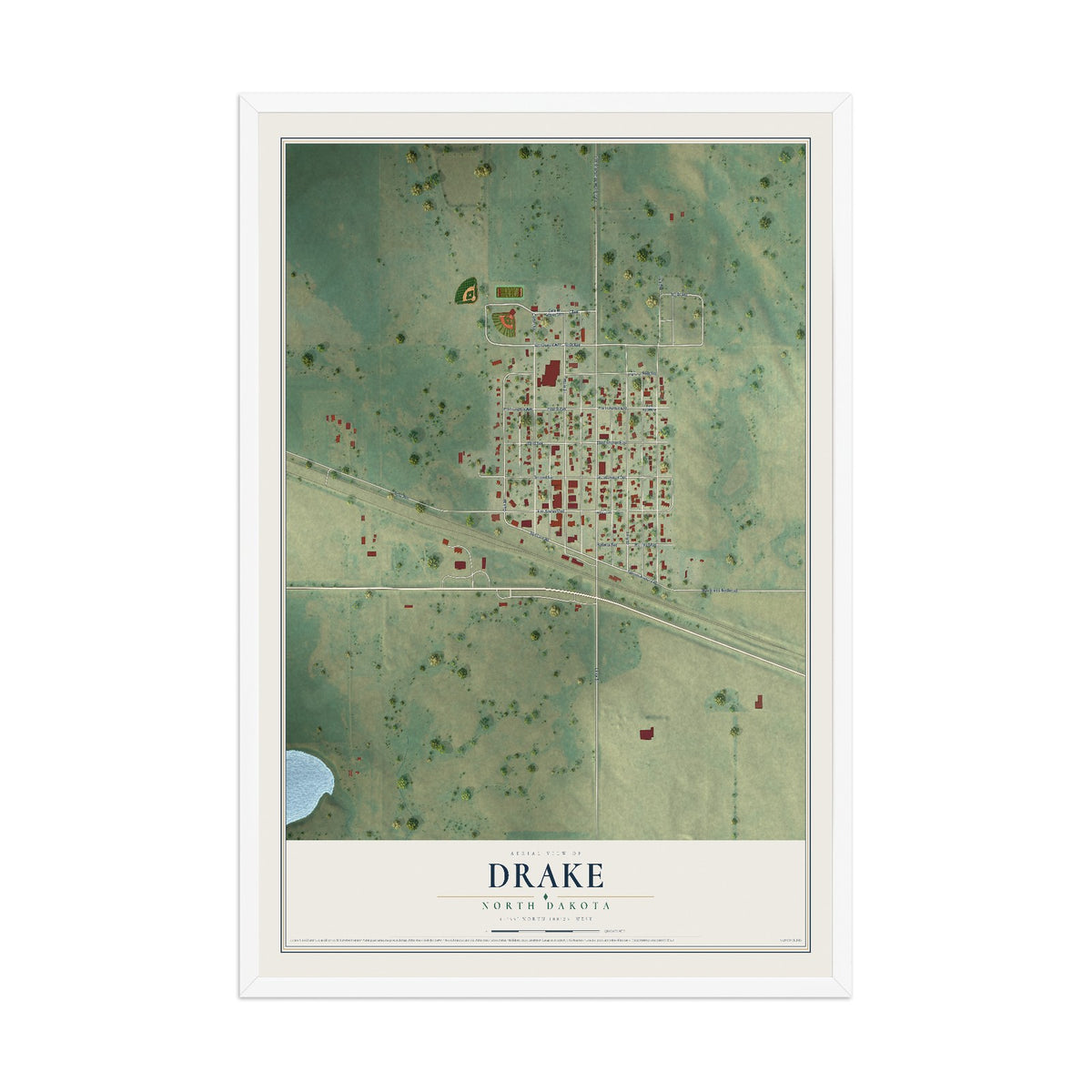 Map of Drake, North Dakota, 12 x 18 inch print in a white wood frame