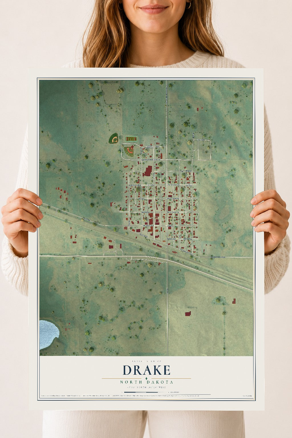 Map of Drake, North Dakota, 18 x 24 inch unframed archival matte print