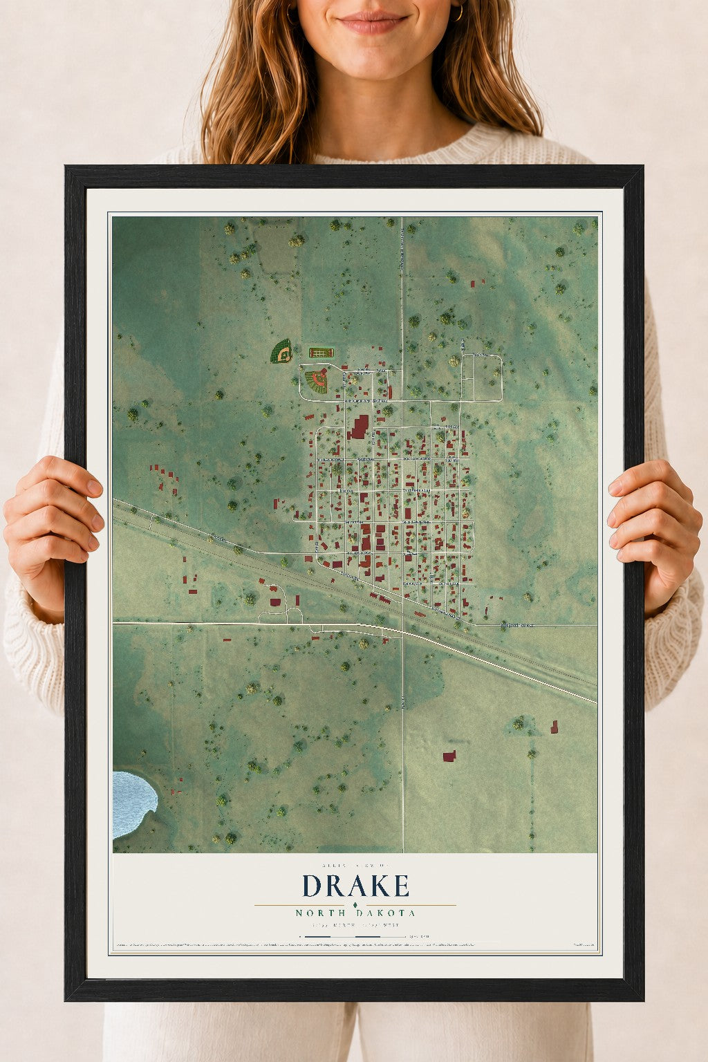 Map of Drake, North Dakota, 18 x 24 inch print in a black wood frame