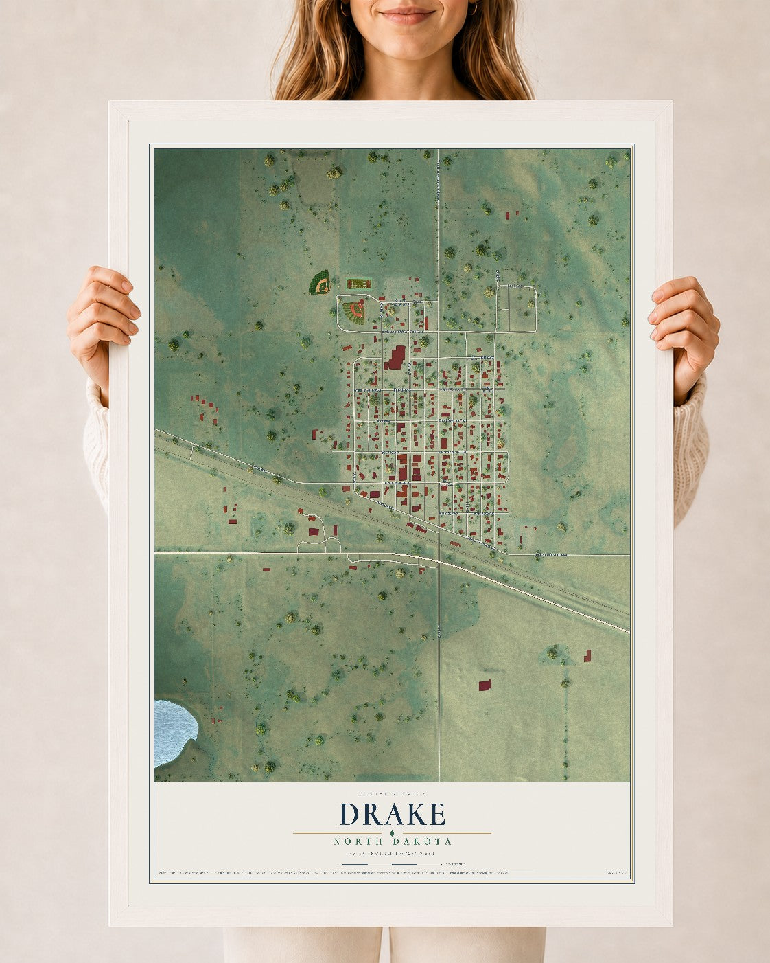 Map of Drake, North Dakota, 24 x 36 inch print in a white wood frame