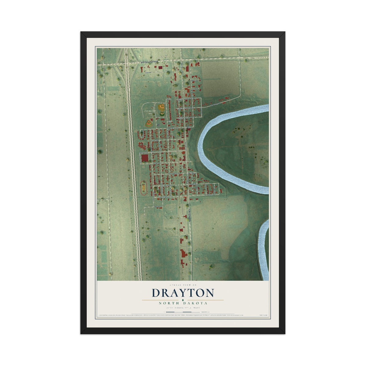 Map of Drayton, North Dakota, 12 x 18 inch print in a black wood frame