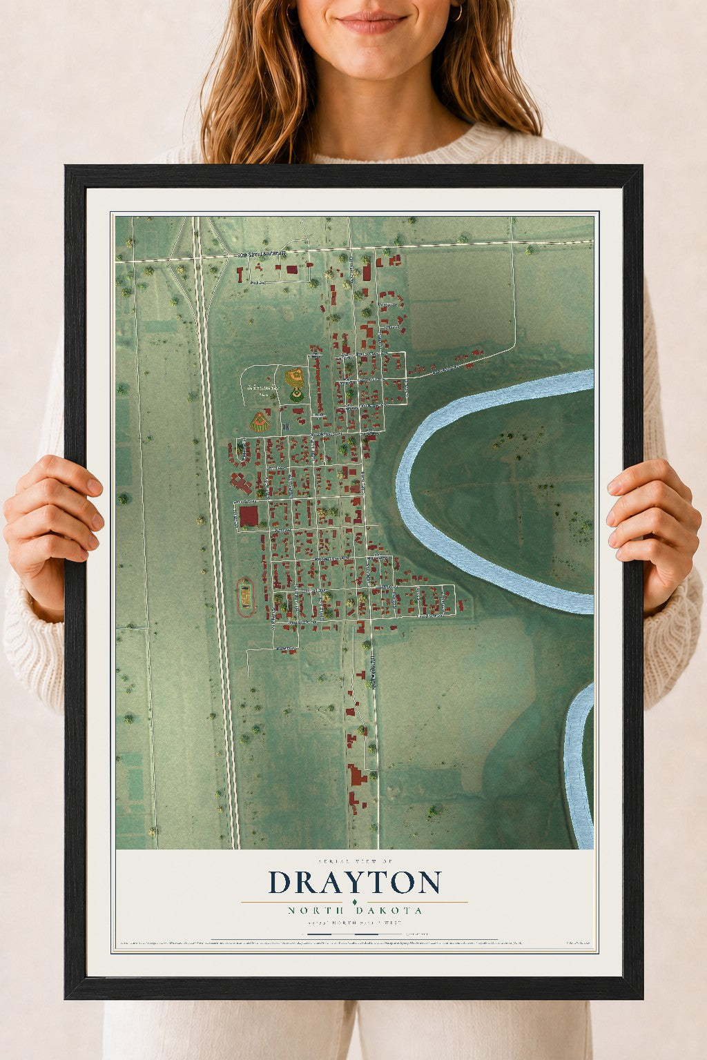 Map of Drayton, North Dakota, 18 x 24 inch print in a black wood frame