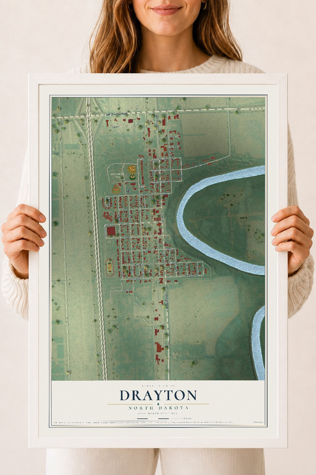 Map of Drayton, North Dakota, 18 x 24 inch print in a white wood frame