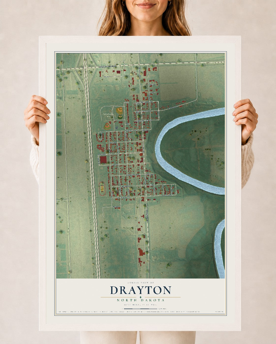 Map of Drayton, North Dakota, 24 x 36 inch print in a white wood frame