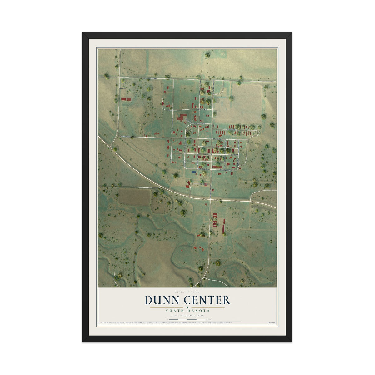 Map of Dunn Center, North Dakota, 12 x 18 inch print in a black wood frame