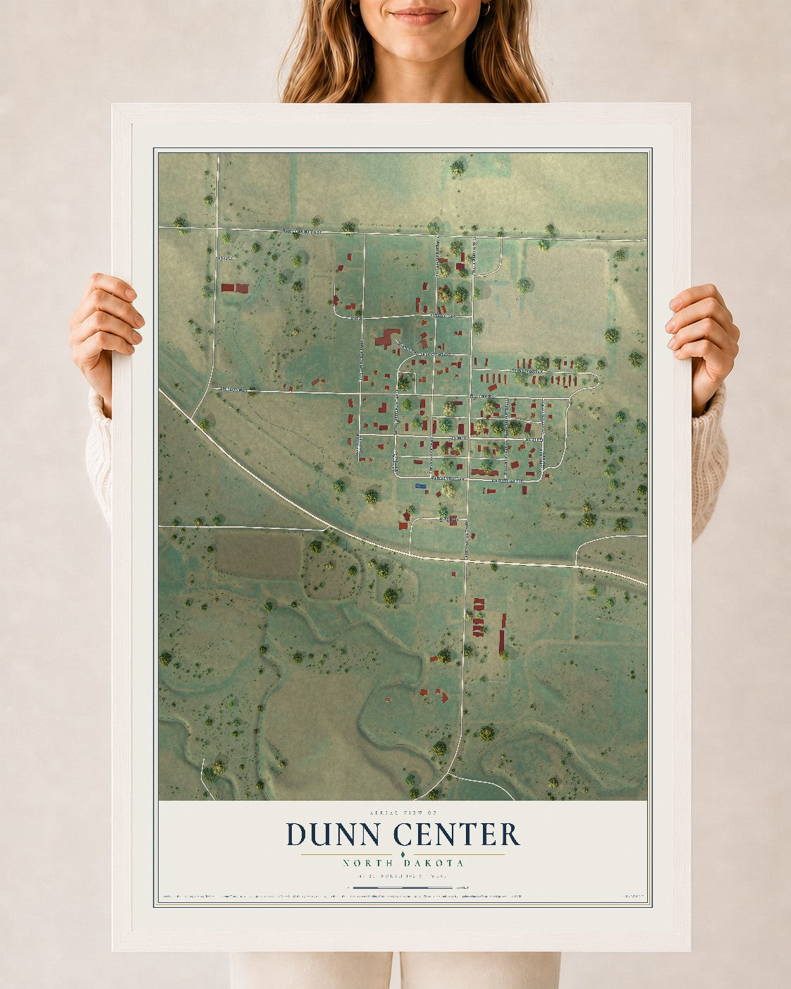 Map of Dunn Center, North Dakota, 24 x 36 inch print in a white wood frame