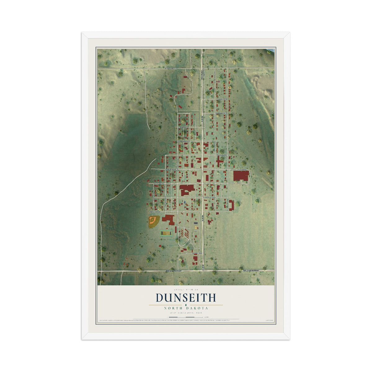 Map of Dunseith, North Dakota, 12 x 18 inch print in a white wood frame